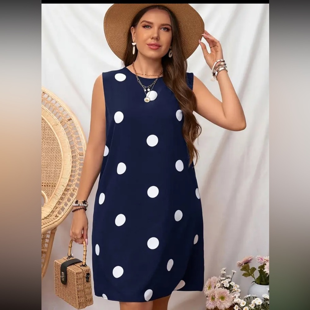 Women’s Navy Blue & Large White Polka Dot Sleeveless Dress. Various Sizes - Picture 4 of 4